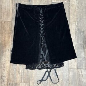 Vintage Tripp NYC black velvet lace trim tie back skirt